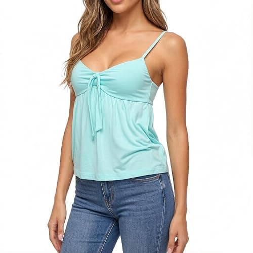 Women Y2K Tie Front Babydoll Cami Top Spaghetti Strap Tank Top | Coquette Flowy Babydoll Top for Women Y2K Vintage Sleeveless Peplum Crop Tank Top Summer Going Out Camisole 2000s Streetwear thumbnail 2