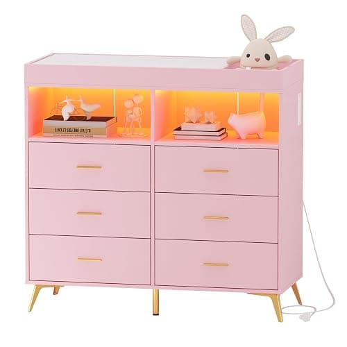 GarveeHome Dresser for Bedroom with 6 Drawers, Baby Changing Table Dresser with Changing Pad, LED Lights & Charging Station, Baby Changing Station with Changing Table Top, Pink - Pink thumbnail 2