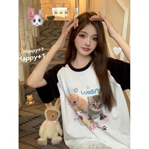 Women's Kawaii Cat Print T-Shirts Cartoon Letter Japan Style Kitten Short Sleeve Cute Print Tops Sweet Girl Y2k Tee Tops thumbnail 6