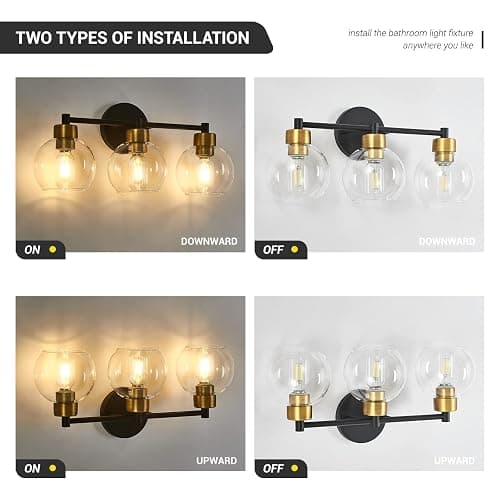 diniluse Black and Gold Bathroom Light Fixtures, 3 Lights Bathroom Vanity Light Round,Vanity Lights with Clear Globe Glass Shades, Wall Sconce for Mirror, Bedroom, Living Room, Kitchen - Gold - 3-Light thumbnail 4