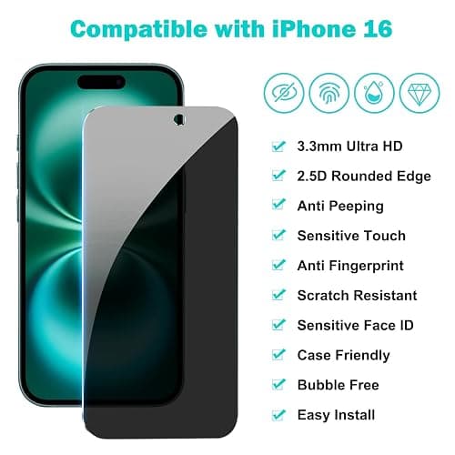 PEHAEL 3+3Pack for iPhone 16 Privacy Screen Protector with Camera Lens Protector Full Coverage Anti-Spy Tempered Glass Film 9H Hardness Easy Installation Bubble Free [6.1 inch] thumbnail 2