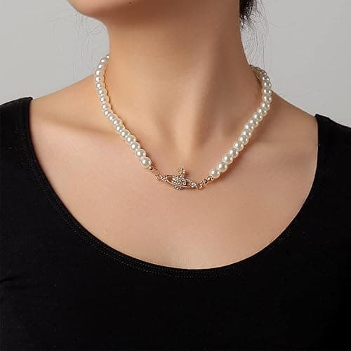 Yunison Pearl Saturn Necklace Rhinestone Pendant Planet Choker Retro Jewelry for Women Birthday Party Anniversary - Saturn-Gold thumbnail 2