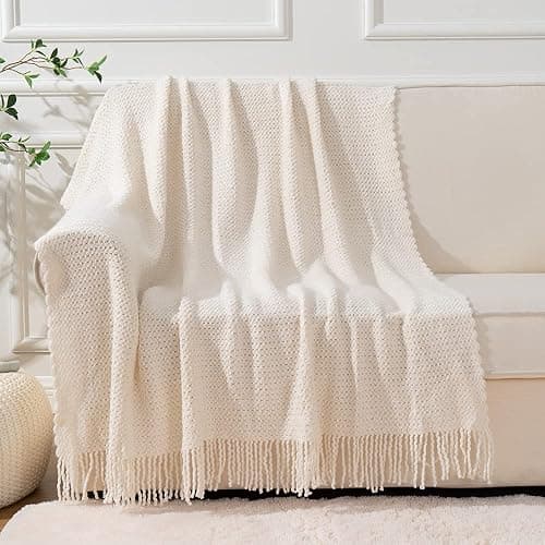 BATTILO HOME White Throw Blanket for Couch, Lightweight Cream Knitted Throw for Sofa Bed Home Decor Textured Soft Cozy Throw with Tassels Suitable All Seasons 50"x60" thumbnail 2