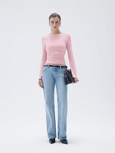 SUUKSESS Women Crew Neck Bell Sleeve Tops Double Lined Going Out Fitted Basic T Shirts thumbnail 5