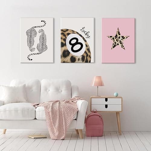 Hwetui Trendy Leopard Canvas Wall Art Set of 3 Funky Lucky 8 Ball Posters Prints Preppy Room Aesthetic Painting Cheetah Wall Decor Pictures for Girls Bedroom Apartment Dorm 12x16 Inch Framed thumbnail 3
