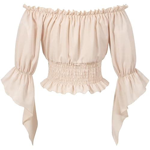 Womens Renaissance Victorian Peasant Shirt Pirate Blouse Cosplay Costume Bell Sleeve Tops(BG M) Beige thumbnail 3
