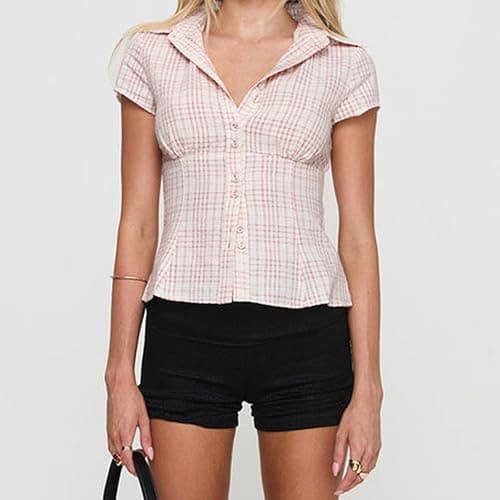 Women Y2k Button Down Blouse Short Sleeve V Neck Collared Cropped Shirt Tops Slim Fit Coquette Going Out Tops thumbnail 2