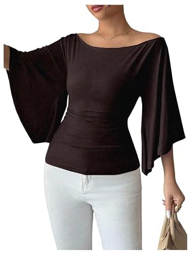 OYOANGLE Women's Batwing Bell Sleeve Tops Off The Shoulder T Shirts | 2026 Trendy, Slim Fitted, 3/4 Sleeves, Fall, Dressy, Casual, Blouses - Image 1