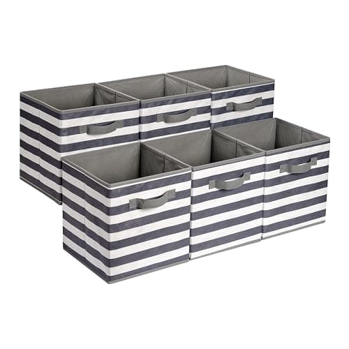 Amazon Basics Collapsible Fabric Storage Bins with Handles, Cube Organizer for Home Organization, 10.5"x10.5"x11", White/Light Grey Stripe, 6-Pack - Image 1