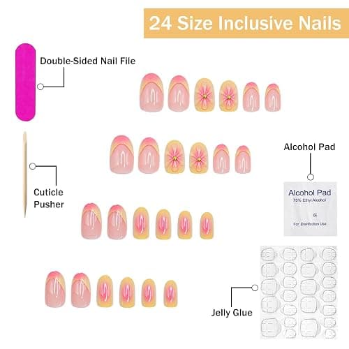 Press on Nails Short Almond SWEKKE French Tip Fake Nails False Nails with Designs 3D Flower Yellow & Pink Stick on Nails Glossy Glue on Nails Acrylic Nails for Women Girls 24 Pcs thumbnail 2