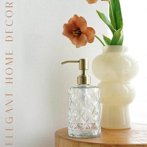 JASAI Diamond Design Glass Soap Dispenser with Golden Pump, Refillable Hand soap Dispenser for Kitchen, Soap Dispenser Bathroom for Soap, Hand soap, Dish Soap, Lotion. thumbnail 7