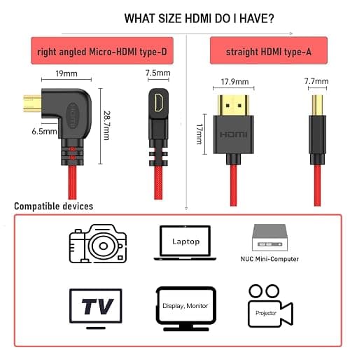 HangTon Right Angle Micro-HDMI to HDMI 4K60 8K Raw Cable for ATOMOS Ninja V Ultra, Sony ZV-E10 A7C A7R4 A6700, Canon R6II R5C R10, Lumix S5 S9 G100, Fujifilm X-T50, Orange Braided Coiled 30cm thumbnail 4
