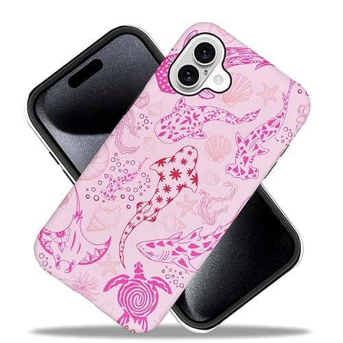 Case for iPhone 16,Fits Frosted Case Design for Girl Women,Sharks Turtles Shells Seaweed Pink thumbnail 2