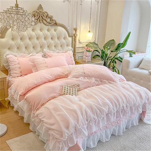 MOOWOO Pink Bedding-Romantic Ruffle Lace Bedding Set 3 Piece Comforter Queen Duvet Cover with Zipper Closure,Coquette Room Decor-Pink,Queen Size - Pink - Queen thumbnail 8
