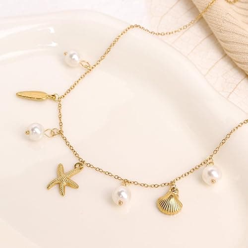 RIXERKOC Collier de Charme en Or pour Femme, Délicat Pendentif Etoile de Mer en Perle, collier joli coquillage en or 14k, collier ras de cou à breloques boho, bijoux d'été plage surfeur - B thumbnail 4