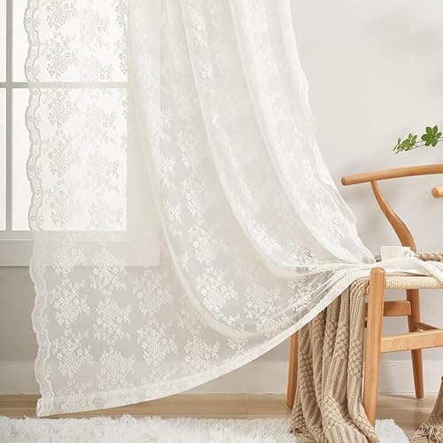 YJ YANJUN Vintage Lace Curtains 72 Inches Long- Antique Flowers Ivory Sheer Curtain Panels for Living Room Bedroom French Door, Light Filtering Drapes, 2 Panels 52W x 72L Cream thumbnail 5