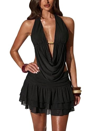 OYOANGLE Women's 2 Piece Set Summer Y2K Going Out Outfits Top Skirt Set | Rave Club Party Wear,Sexy Draped Halter Top and Mini Skirt, Summer Outfits - Image 1