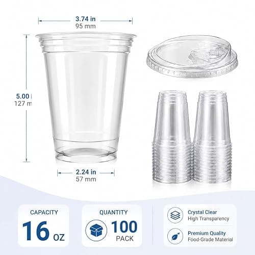 16oz Clear Plastic Cups with Lids, BPA-Free Disposable Iced Coffee Cups. | Leak-proof sip lids fit car holders. Food-grade PET for smoothies & lemonade. 100-pack bulk value for Parties & To-Go. thumbnail 3