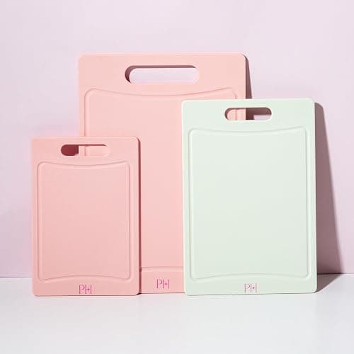 Paris Hilton Cutting Boards, Dual-Sided Cutting Board Set with Built-in Juice Grooves, Easy-Grip Handles, Heavy-Duty Plastic Made without BPA, Dishwasher Safe, 3-Piece Set, Pink and Cream thumbnail 8