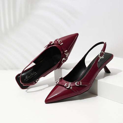 Mostrin Kitten Heels for Women Pointed Toe Pumps Patent Leather Low Heel Slingback Heels with Buckle Dress Shoes for Dating Party Working thumbnail 7
