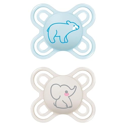 MAM Perfect Start Schnuller im 2er-Set, speziell für Neugeborene, zahnfreundlicher Baby Schnuller aus nachhaltigen & bio-erneuerbaren Materialien, mit Schnullerbox, 0-2 Monate, Bär/Elefant - 0-2 Monate - Bär/Elefant - Image 1