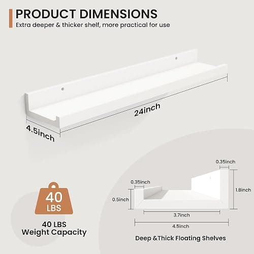 Fun Memories Picture Ledge Shelves Set of 2, 24 Inch Rustic Wall Mounted Floating Shelves with Lip for Home Storage and Décor in Bathroom, Kitchen, Nursery, Bedroom, Living Room, White - White - 24inch thumbnail 2