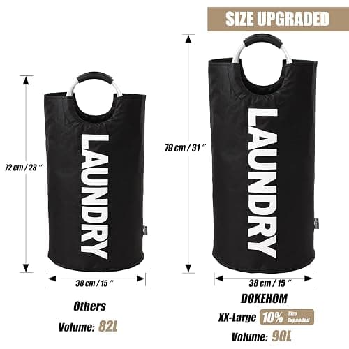 DOKEHOM 90L Large Laundry Basket Bag, Collapsible Tall Hamper, Black | Freestanding tall washing bin & foldable laundry bag. High-capacity clothes storage basket with durable sturdy handles thumbnail 3