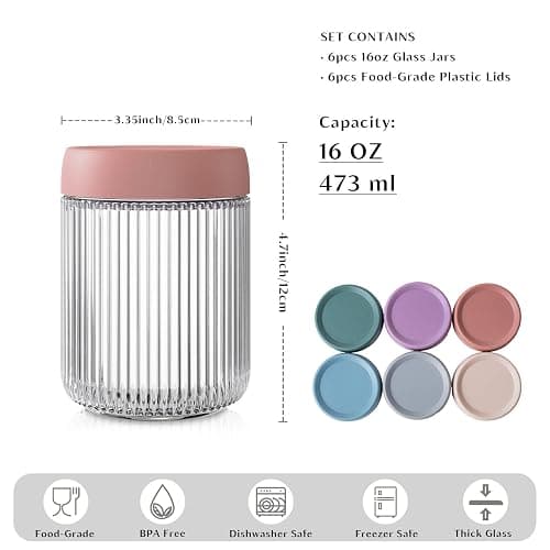 INSETLAN 16oz Glass Overnight Oats Containers with Lids, 6-Pack Mason Jars | Ribbed Glass Mason Jars for Meal Prep, Food Storage Containers for Chia Pudding, Yogurt, Snacks, Fruit & Vegetables, Milk thumbnail 3