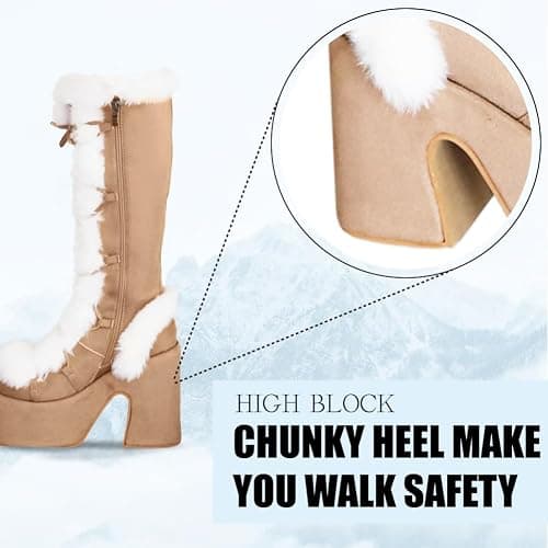 CELNEPHO Knee High Boots For Womens Side Zipper Warm Faux Fur Platform Chunky Heel Punk Goth Walking Winter Snow Boots thumbnail 9