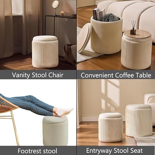BLEXA Round Set of 2 Ottoman with Storage-Upholstered Velvet Vanity Stool for Makeup Multifunctional Ottomans Coffee Table Padded Seat Foot Rest for Living Room&Bedroom（White） - White - Engineered Wood thumbnail 6