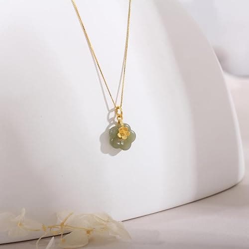 LOOYUUPEE Natural Hetian Jade Necklace for Women, Dainty Jade Flower Charm Pendant Adjustable Choker Necklace Jewelry Chain Gift for Mom Lover Her (925 Sterling Silver with Gold Plated) thumbnail 7