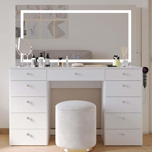 Boahaus Orla Modern Makeup Vanity Desk with Built-in Light Bulbs, USB Port, Power Outlet, 11 Drawers, Hollywood Vanity Mirror, Glam Glass Top, White/Crystal - Image 1