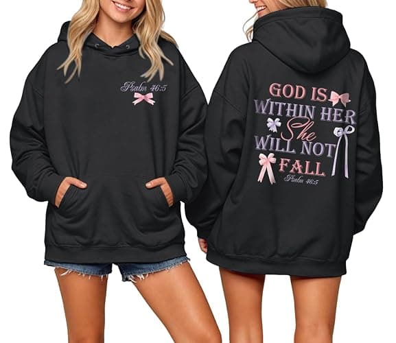 Cayxatiu God is Within Her She Will Not Fall Christian Hoodies for Women Jesus Bible Verse Hoodie Bow Hoodie - Image 1