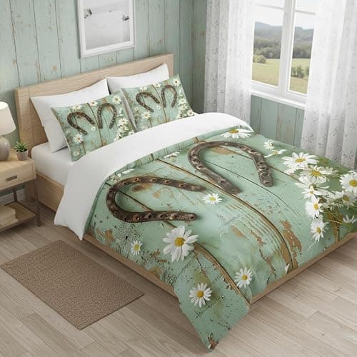 CCoutueChen Teal Rustic Farmhouse Bedding Set Queen Size, Country Wooden Barn Door Comforter for Western Horseshoe Daisy Decor, Suitable for Kids Girls Teen Cowboys Cowgirls,2 Pillowcases/90 * 90 - Image 1