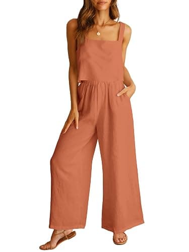 ANRABESS Women's 2 Piece Outfits Linen Pants Jumpsuit Matching Lounge Set Casual Summer Beach Vacation Trendy Clothes - Image 1