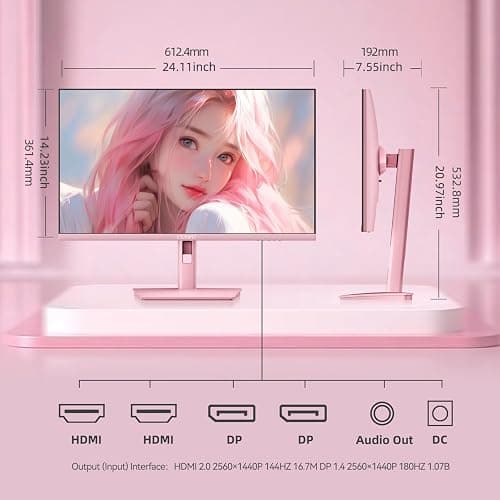 CUNPU 27 Inch Pastel Pink Gaming Monitor QHD 2560x1440 180/200Hz 1ms GTG Fast IPS Computer Monitor, 90% DCI-P3, Adaptive Sync, Built in Speaker, Height/Swivel/Tilt/Pivot Adjustable Stand, HDMI,DP thumbnail 9