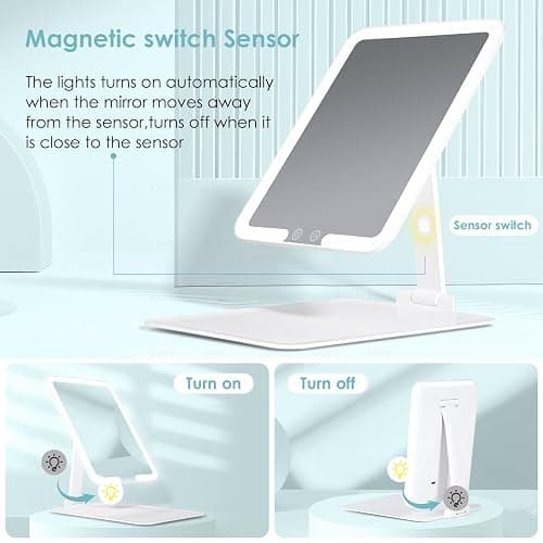 7.8" x 6.1" Rechargeable Travel Makeup Mirror with Lights and Small 10X Magnification, Foldable Stand with Adjustable Height & Angle, 3 Light Colors LED Lighted Vanity Mirror (White) thumbnail 7
