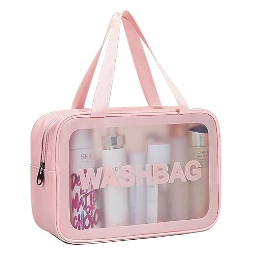 DAPOWER Travel Toiletry Bag for Women, Matte Translucent Toiletry Bag with Handy Handle, Makeup Cosmetic Organizer Bag for Travel Toiletries Accessories (Pink) - Image 1