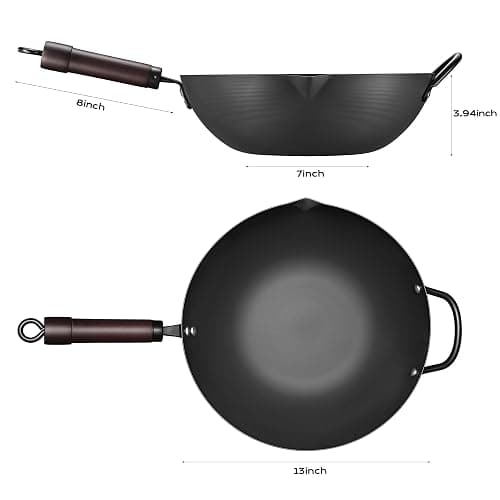Wok, 13 Inch carbon steel woks & stir-fry pans nonstick, Pre-Seasoned 5.8QT Flat Bottom Chinese Wok Paella Pan with lid, Carbon Steel Cookware, Compatible with All Cooktops thumbnail 2