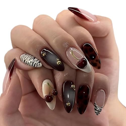 Brown Press On Nails Almond Shape, Glossy Red Gradient with Cherry, Leopard Print & Gold Studs, Luxury Handmade Look Full Cover False Nails for Women, Reusable, 24PCS - Image 1