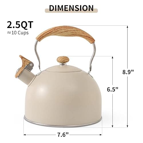 LONFFERY Tea Kettle for Stove Top, 2.5 Quart Whistling Tea Kettle, with Food Grade Stainless Steel and Wood Pattern Folding Handle, Creamy White thumbnail 2
