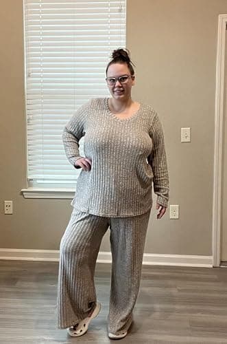 RITERA Womens Plus Size 2 Piece Outfits Lounge Sets Knit Sweatsuit Long Sleeve Pullover Tops Wide Leg Pant Pajama Sets XL-5XL - Khaki - 3X-Large Plus thumbnail 2