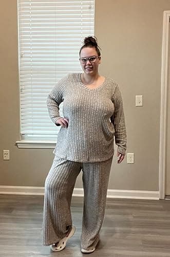 RITERA Womens Plus Size 2 Piece Outfits Lounge Sets Knit Sweatsuit Long Sleeve Pullover Tops Wide Leg Pant Pajama Sets XL-5XL - Khaki - 3X-Large Plus thumbnail 2