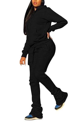 Women's Sweatsuits Sets 2 Piece Outfits Drawstring Hoodies Stacked Jogger Sweatpants Tracksuits Casual Set - Image 1