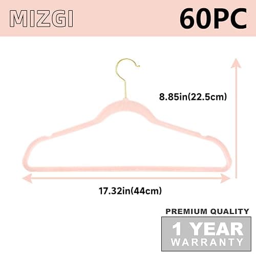 MIZGI Premium Velvet Hangers Pack 60 Pcs Heavyduty - Non Slip Slimline - Velvet Suit Hangers Blush Pink - Gold Hooks,Space Saving Clothes Hangers thumbnail 2