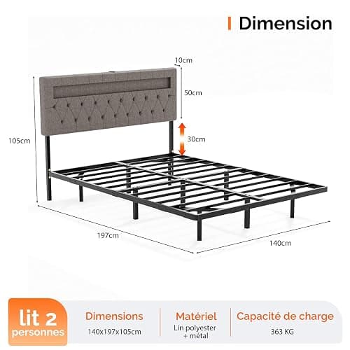 Bonnlo Lit 140 x 190 avec Sommier, Lit 2 Personnes Flottant avec Éclairage LED et Ports USB/Type-C, Tête de Lit Tapissée avec Rangement, Structure Stable en Métal, Tissu en Lin Gris thumbnail 2