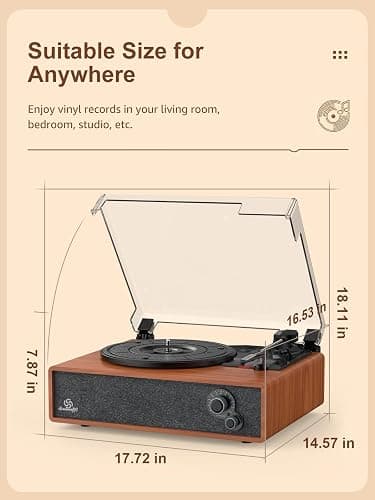 Vinyl Record Player Built-in Stereo Speakers Vintage Turntable Vinyl Records LP Phonograph Belt Drive 3 Speed 3 Size Support Wireless Input RCA Output Auto Stop Tone Adjustment Retro Wooden Walnut Red thumbnail 8