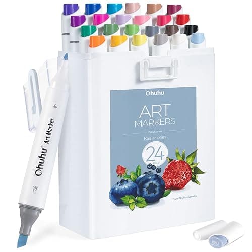 Ohuhu Alcohol Markers, Slim Chisel and Fine Dual Tip Art Marker Set for Colouring Drawing Highlighting - 24 Basic Colours Alcohol Based Ink for Artists Adult(Unique Ergonomic Design) - Image 1