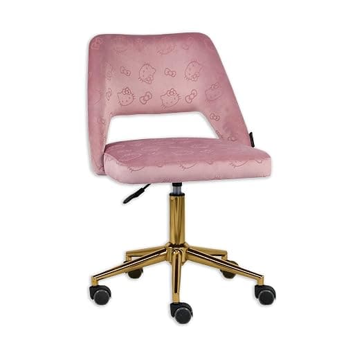 Impressions Vanity Hello Kitty Velvet Vanity Chair with Back, 360 Degrees Swivel Cute Desk Chair with Wheels, Golden Rolling Base Adjustable Height Makeup Chair for Bedroom (Pink) - Image 1