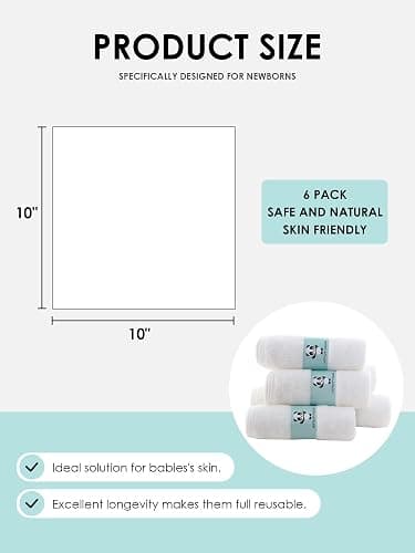 HIPHOP PANDA Baby Washcloths, Rayon Made from Bamboo - 2 Layer Ultra Soft Absorbent Newborn Bath Face Towel - Reusable Baby Wipes for Delicate Skin - White, 6 Pack thumbnail 3